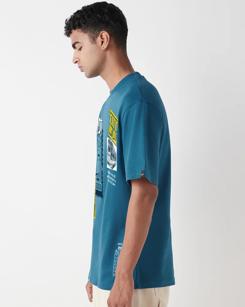 بيواكوف Men's Morrocan Blue Kolkata City Of Joy Graphic Printed Oversized T-shirt